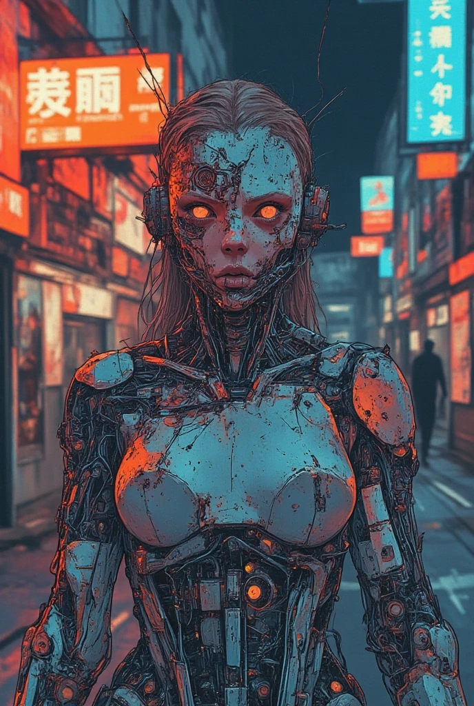 ((best quality)), ((masterpiece)), (detailed), nipples, <lyco:GoodHands-beta2:1.0>, <lyco:Robotaction:1.0>, ((beautiful girl)), (realistic green eyes), ((beautiful realistic face)), (cyberpunk mohawk), white hair, ((dragon and flower tattoos on large breasts)), robot, holding laser gun, shooting enemy soldiers, waist up, firing gun off screen, wasteland, (fog of war), evening, bright lights,<lyco:GoodHands-beta2:1.0>, detailed skin, matte skin, soft lighting, subsurface scattering, realistic, Intricate, <lora:more_details:1.5>