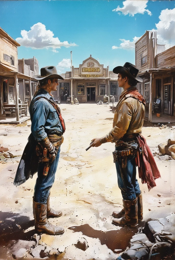 {{A ((dramatic)) depiction of {((a wild west duel at high noon))}}} with {((two cowboys facing off, hands hovering near holsters))}. This is a {((classic western))}-inspired image that showcases {((iconic standoffs and moral tension))}. The environment/background should be {((outdoor, main street of a frontier town with a saloon and sheriff’s office))} to create an {((atmosphere of anticipation and stillness))}. The image should be in the style of a {((comic book cover))}, incorporating elements of {((Dark Horse Comics, Clint Eastwood films, Fistful of Dollars))}. The {((long shot))} shot, captured with a {((wide angle))} lens, will provide a {((broad cinematic view of the town and characters))}. The lighting should be {((sharp overhead sunlight))}, emphasizing {((the symmetry and tension of the duel))}. The desired level of detail is {((high detail))} with a {((2K))} resolution, highlighting {((boots in dusty ground, flapping dusters, and glinting metal))}. The goal is to create a {((bold, dramatic))} image that captivates viewers with its {((classic visual storytelling))}.