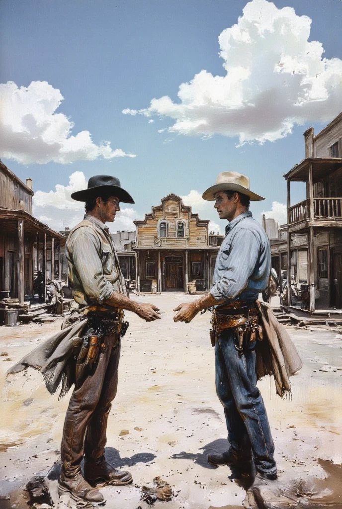 {{A ((dramatic)) depiction of {((a wild west duel at high noon))}}} with {((two cowboys facing off, hands hovering near holsters))}. This is a {((classic western))}-inspired image that showcases {((iconic standoffs and moral tension))}. The environment/background should be {((outdoor, main street of a frontier town with a saloon and sheriff’s office))} to create an {((atmosphere of anticipation and stillness))}. The image should be in the style of a {((comic book cover))}, incorporating elements of {((Dark Horse Comics, Clint Eastwood films, Fistful of Dollars))}. The {((long shot))} shot, captured with a {((wide angle))} lens, will provide a {((broad cinematic view of the town and characters))}. The lighting should be {((sharp overhead sunlight))}, emphasizing {((the symmetry and tension of the duel))}. The desired level of detail is {((high detail))} with a {((2K))} resolution, highlighting {((boots in dusty ground, flapping dusters, and glinting metal))}. The goal is to create a {((bold, dramatic))} image that captivates viewers with its {((classic visual storytelling))}.