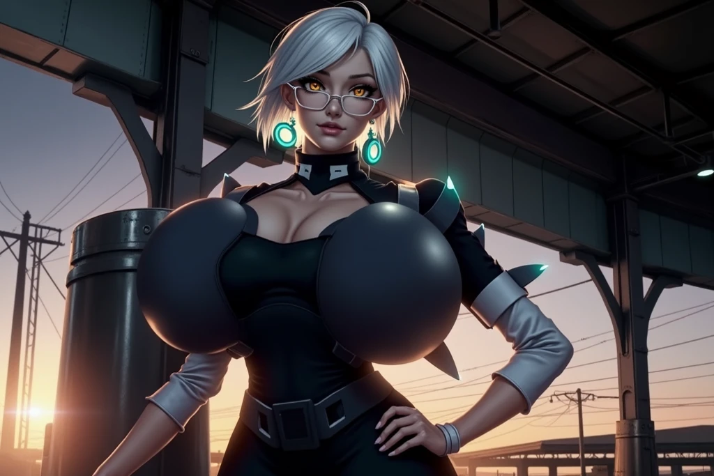 super gigantic breasts,wear black glasses,ancient egype dress,sexy,cute smile,cowbot shot