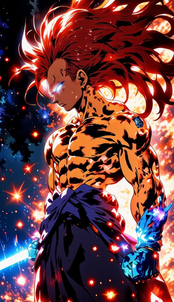 son Goku, Long white hair, topless with a large burn scar in the middle of his chest, wearing a large bronze bracelet, dark pants, bruise on body, ear wear