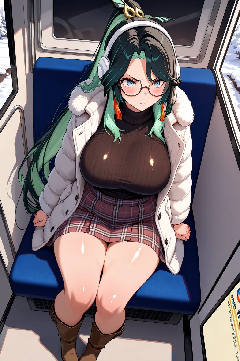 One Woman、Braided twin tails、Huge breasts、(Huge breasts:1.8)、Glasses、blue eyes、Green Hair、 My hair is messy, Black gloves, , salute, Put your hands on your hips,Completely naked、(Not wearing underwear),(Not wearing pants)、Pubic hair sticking out,Pubic hair sticking out,The nipples are erect,Nipples are erect, close your eyes, Tears in the eyes、Open your mouth, What saliva leaves behind, Wet skirt hem, Sticky panties, Bulging of the vibrator cord, Vibrator with Garters, Subway car interior background, In a crowded crowd,(I can see her pussy),(The vaginal opening is visible),The vagina is visible,The female shadow is visible)