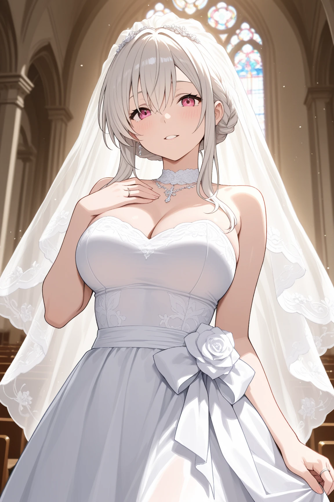 (masterpiece:1.3),((High resolution)),((high quality)),((Super detailed))、One girl、Perfect balance、((fire Fly\(Collapse:Star Rail\)))、Multicolored Eyes、((White Hair))、Black hair band、Purple eyes、Hair ornaments、Thigh straps、Perfect Face、Detailed face、Cute Face、beautiful詳細な目、Expressive eyes、Cute eyes、Shiny eyes、Perfect body、beautiful体、Perfect body、beautiful体、(((Wedding dress:1.5)))、Off the shoulder、marriage、(church)、(marriage式)、bride、smile、、(Large Breasts)、(head shot)、Embarrassing、blush、beautiful女の子、Cute Face、beautiful顔、Cute Face、beautiful、Best Quality、Good anatomy、Decorations、(NSFW:1.2)、smile、Closed Mouth、blush、Are standing、From below、((Super detailedな背景)), Mistress Pose, ((8K Wallpaper)) , smile, Watching the audience, Moody lighting, In-person audience