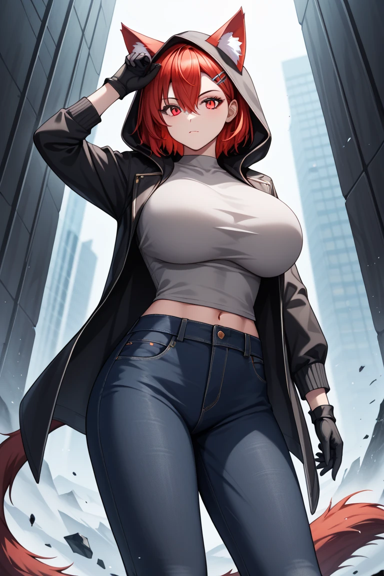((masterpiece)), ((best quality)), ((HD 4k)), ((brown skin)), ((perfect anatomy)), ((older woman)), woman, ((female face) ), Happy, ((mouth mask)), ((light red eyes)), Eyelid, Sclera, Iris, eyebrow, eyelashes, fox ear, nose, ((giant red hair)), ((fringe)), ((hair details)), ((light effects on hair)), ((phonk outfit)), black shirt, jacket, torn black short shorts, ((lights effect on clothes)), ((lights effect body)), neck, shoulders, ((big chest)), arms, ((thick legs)), ((big thigh))