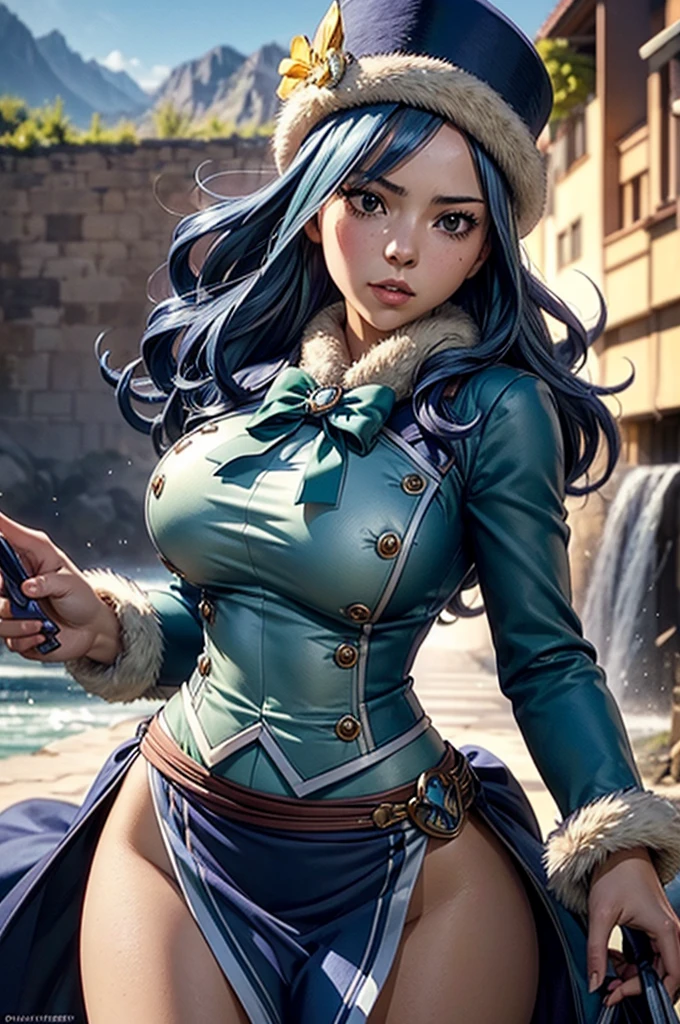 Blue curly hair. Deep dark and energetic coffee eyes. She wears a floral stamped dress with a leather jacket. He combined his outfit with combat boots, big ass, big boobs, 