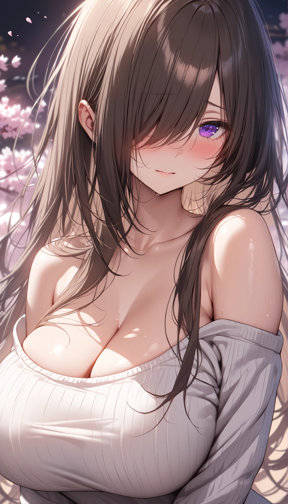 (masterpiece, Highest quality:1.2), (1girl), alone, ((long hair)), bangs ,((dark brown hair)), (straight hair), ((hair over face)), (hair over one eye), (hair over right eye), high detail, bloom, ((detailed face)), (beautiful effects), (((white Sweater Low Shoulders))), detailed eyes,(purple eyes), ((huge breast)), ((purple eyes)), (cherry blossom), ((bare neck)), cleavage, blush, standing, front view, ((shy)), ((the girl is playing with her hair))