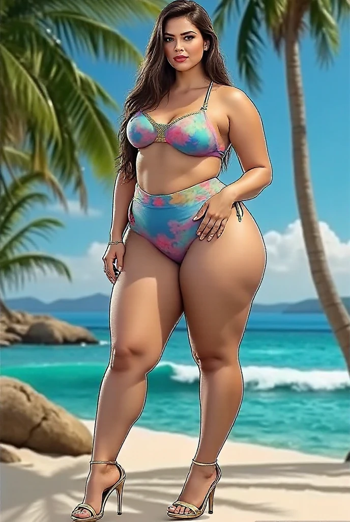 (masterpiece, best quality) beautiful woman, itsy bitsy teenie weenie yellow polka dot bikini, on the beach, vibrant colors