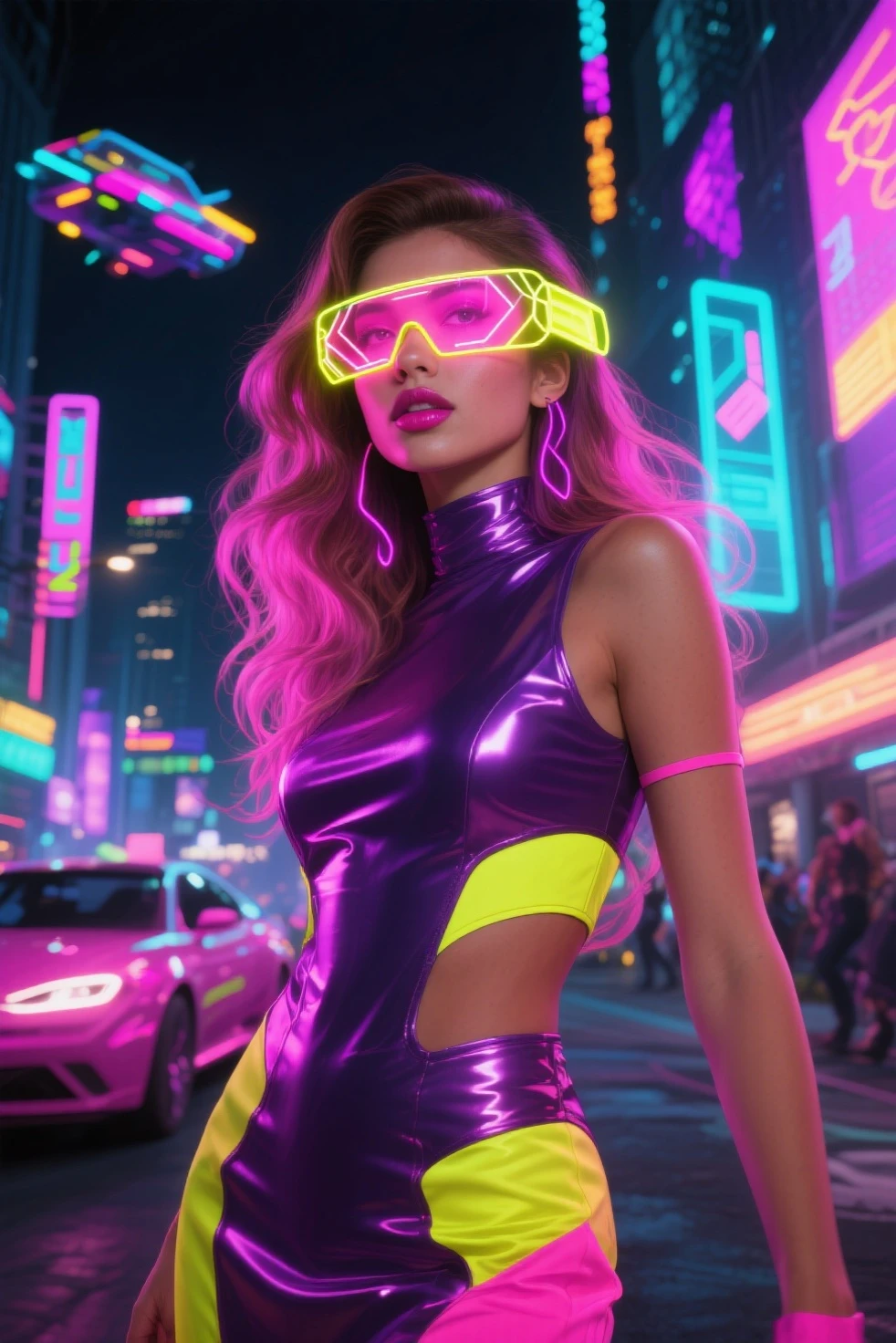 From behind, image of a beautiful girl with long hair and sunglasses in completely transparent translucent outfit, you can see her ass and breast through her transparent skin, She is on a futuristic cyber street lit with blue and pink neon with futuristic buildings,