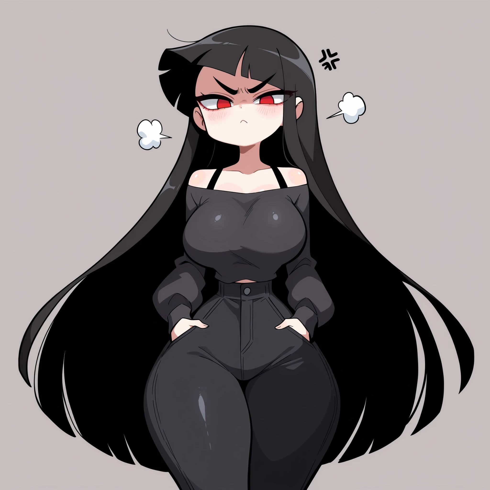 Black mid size straight hair covering right eye wearing black tshirt and pants and have big boobs and innocent face, full body