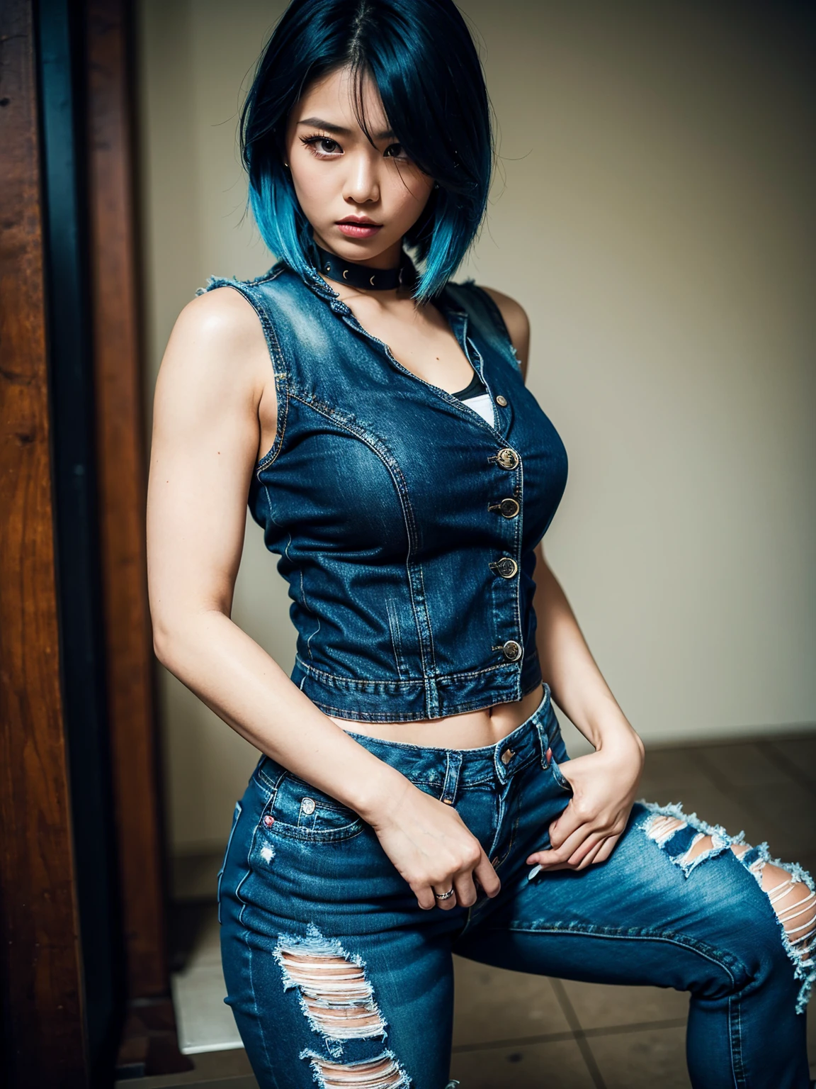 denim pants, denim jeans, denim jacket, smile, raw photo, one girl, australian beauty, erotic, sexy face, blue hair bob cut, beautiful woman, 22 years old, attractive female body, light muscles, dynamism, streaks, lower breasts, constricted waist, 4k, HDR, realistic photos, realistic textures, tight skin, (realistic, photoreal: 1.4), streaks, photographs, raw photos, masterpieces, highly detailed photos, quality as taken with a DSLR camera, back alleys, immersive, sweaty,