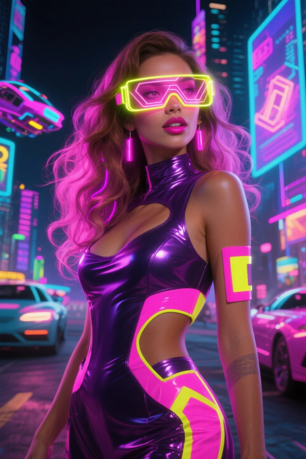 80s movie poster, artegerm, de seios grandes, wearing hot pink bikini, hyperdetailed, airbrush, deep multicolored,16K resolution, complex, colorfully,meticulous, ethereal,3D rendering,symmetrical face, iridescente, Ablaze, Provocative, sensuous, Breasts huge, greasy skin, whole body, cores neon Ablazes, restroom