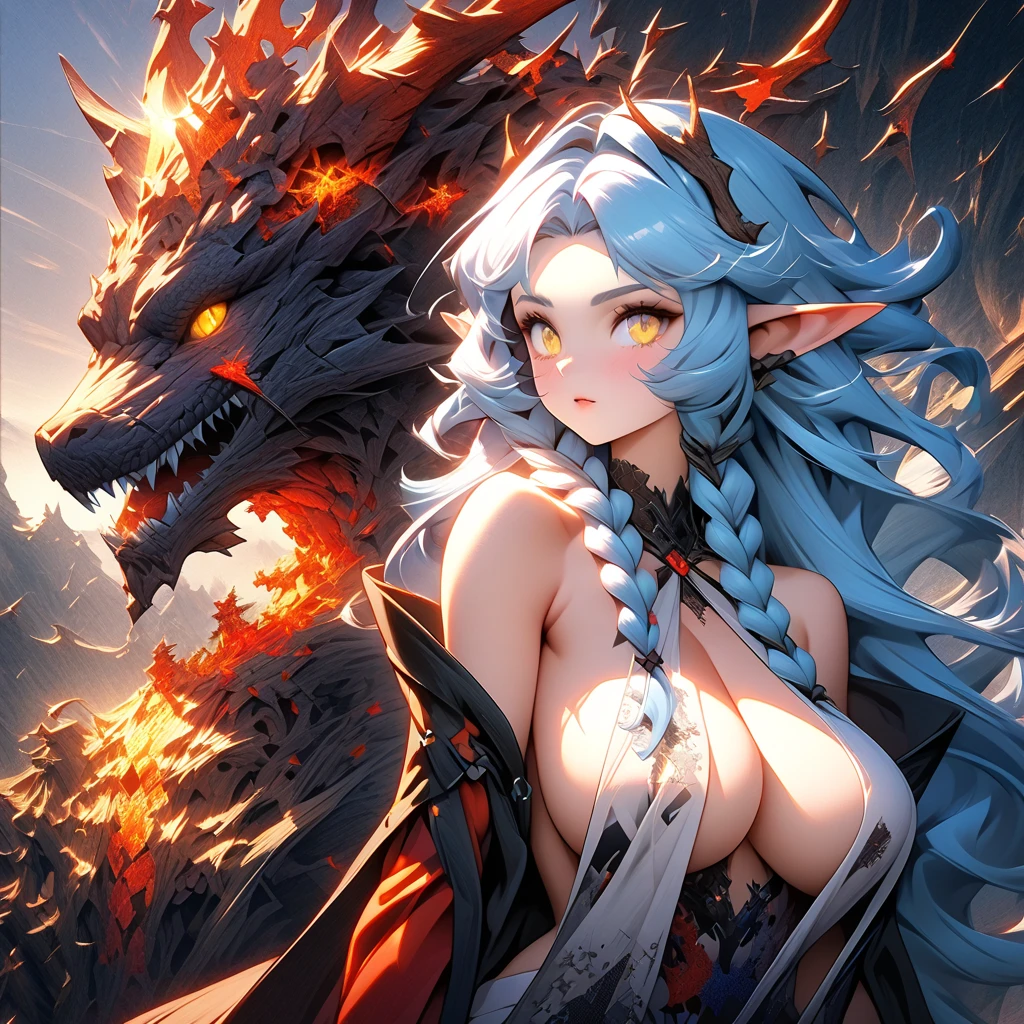 the woman is laying on top of a dragon and the dragon is breathing fire onto her, breasts, tail, wings, sharp teeth, horns, m/f