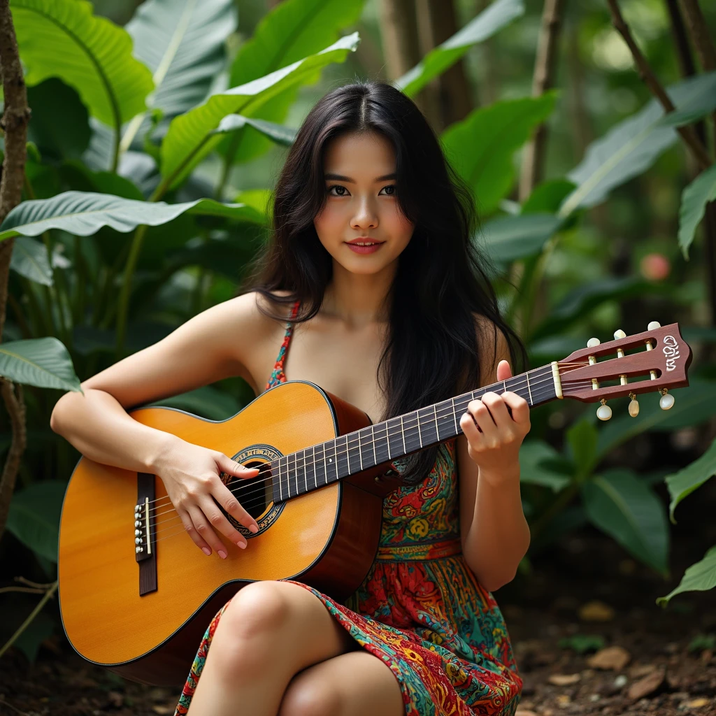 (8k, highest quality, ultra detailed:1.37), (Nyla), 18yo, (a talented African-Brazilian musician), captivates the audience with her soulful performance. She plays a traditional instrument, showcasing her musical skills and cultural heritage. The high-resolution image captures ultra-detailed realism, highlighting Nyla's passionate expression, captivating eyes, and flawless complexion. The vibrant atmosphere, with the sounds of music and enthusiastic spectators, adds to the visual appeal, creating a visually stunning representation of Nyla's talent and cultural connection as a musician.