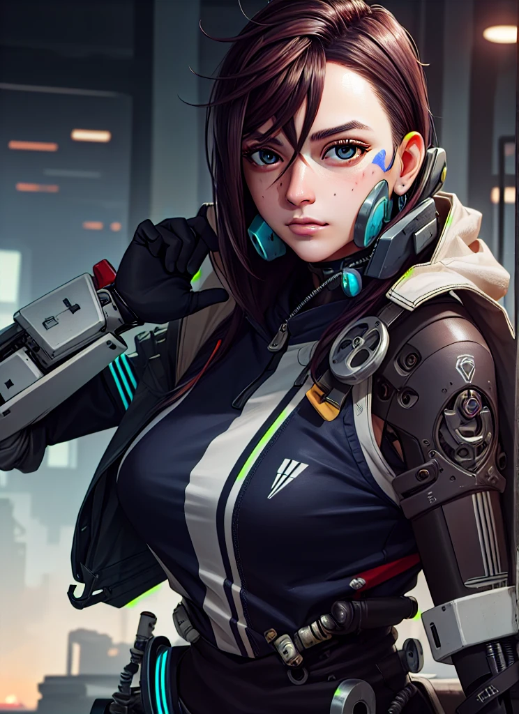 (masterpiece, best quality, finely detailed gorgeous eyes and detailed face, cinematic lighting, extremely detailed 8k CG unit wallpaper, depth of field), cyber future, solo, 1 woman, she is a mercenary, green eyes, white skin, black hair with ponytail, choker, small breasts, makeup, in a futuristic city, holding a katana with a strong grip, night, sky, moon wearing a beautiful jacket, with mechanic parts, mecha legs, mecha gloves, showing whole body (Long Angle Shot)