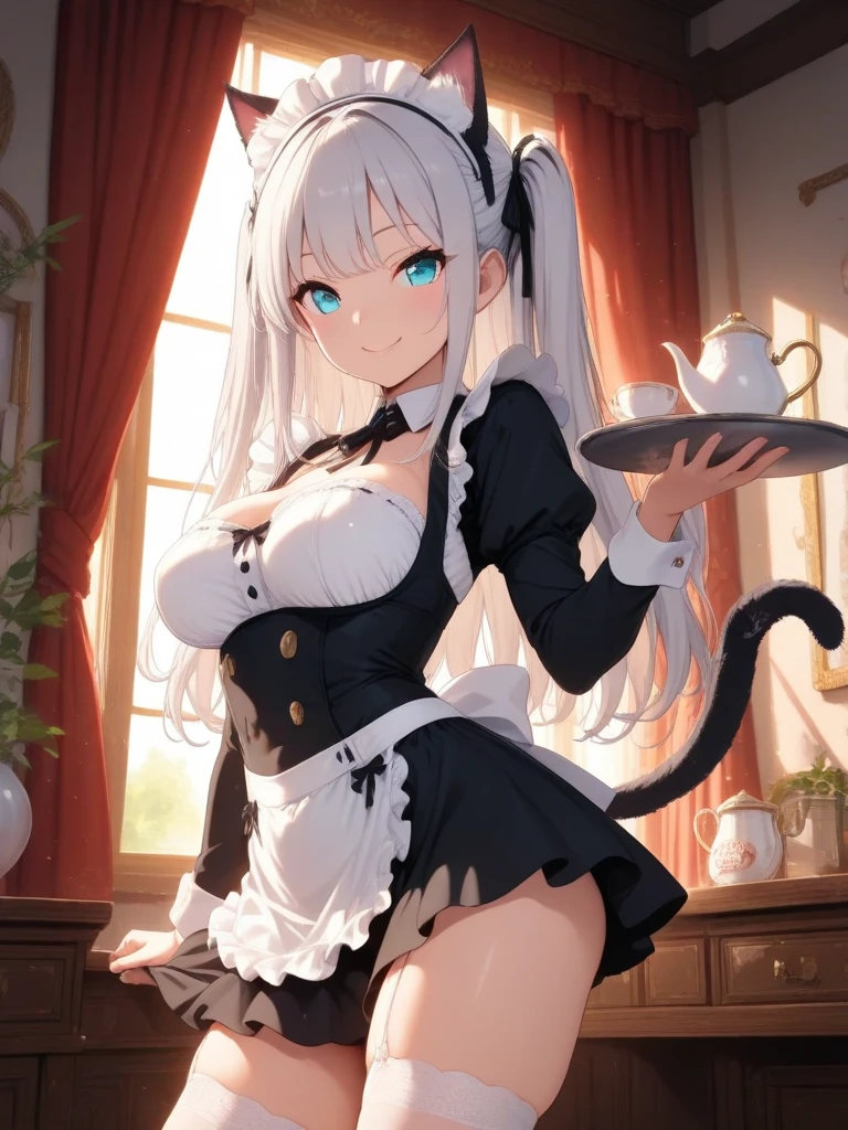 (top-quality、in 8K、32K、masterpiece、nffsw、超A high resolution、Impresionismo、Photorealsitic:1.2)、detailed faces and eyes、Full body, Mystical、(Inside the café:1.4)、beauitful face、blurry backround、18-year-old beautiful girl、shinny skin, (1The fox tail of the book grows:1.3)、Beautiful silver hair、short-hair、(poneyTail:1.2)、Deep green eyes、Fox ears、hair adornments、kindly smile、miscievous smile、Curve、(Playboy Bunny Girl:1.2)、White high-cut leotard、Wearing fishnet stockings、White cuffs、a bow tie、