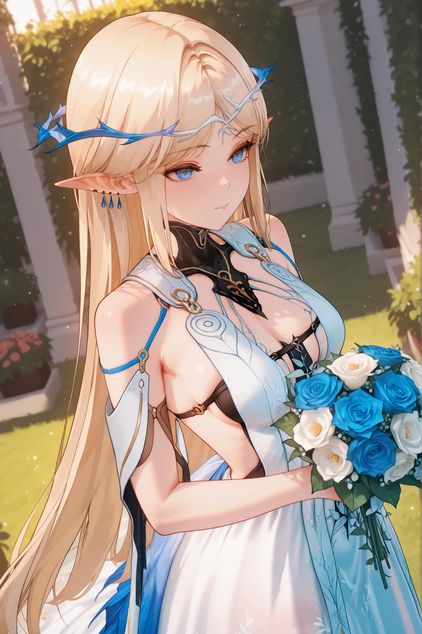 Masterpiece, best quality,1 girl, solo, wearing a wedding dress, holding bouquet of flowers, in garden, medium wide angle,Cartethyia,blond hair, medium breasts, Blue eyes,elf ear, ethereal light