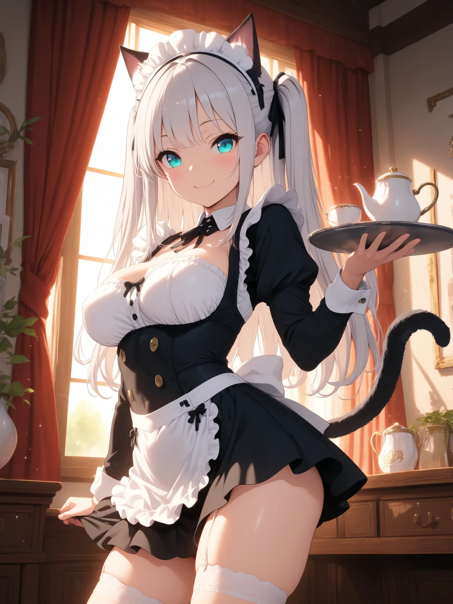 Best quality, 1 girl, white hair, cat ears, ponytail, blush, (huge breasts:1.1), maid, white stocking, no shoes, cute