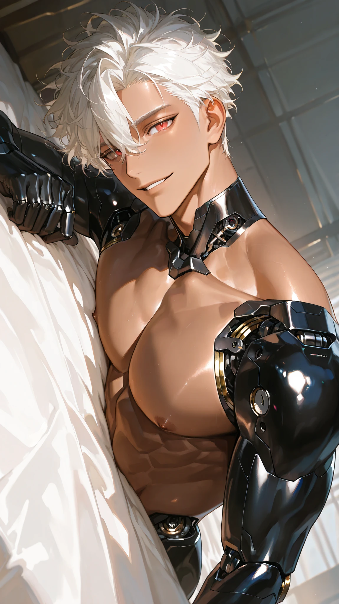 8k, 아름다운 Perfect Eyes, semi-realism art, masterpiece, Exquisite Details, very detailed, (brown skin, brown skin, 40 year old male , handsome, smiles, Messy Hair,hair between eyes, white blond hair,shaved nape hair,short hair,1 man, handsome man, Thick painted, red eyes, mature, mature man,alone,looking at viewers, brown skin, toned skin, black skin, dynamic angle, Close, toned, wavy hair, Android, robotic arms, black robotic parts, black arms, tall man, mature man, muscular, large body, small head), best quality, amazing quality, very aesthetic, absurdres, scenery, volumetric lighting, detailed scenery, dynamic pose, dynamic angle, naked, parted lips, smile, looking at the viewer, nipples, bed,