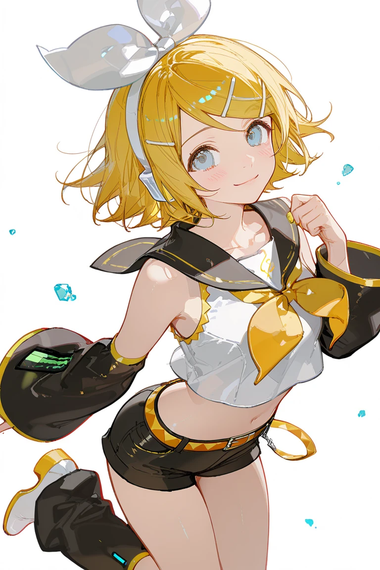 (((anime-style cute face))),(((One Girl、Kagamine Rin、30 years old))),Highest quality, (Sharp details), (8k, RAW Photos, Highest quality, masterpiece), (extremely detailed 8k wallpaper),Professional Lighting,Sharp focus, Depth of written boundary、Ticker,(((Face close-up)))、(looking at the camera),((((very happy face))))、Very big eyes、anatomically correct body、Big thighs、Light from the front、The face is bright、Big Breasts、Slightly muscular、((((Yellow and black high leg swimsuit))))、(The costume fits perfectly)、Cleavage、Belly button、(Black frilly hot from above、lure、Lots of sweat、Accentuates body lines、Side Shot:1.3