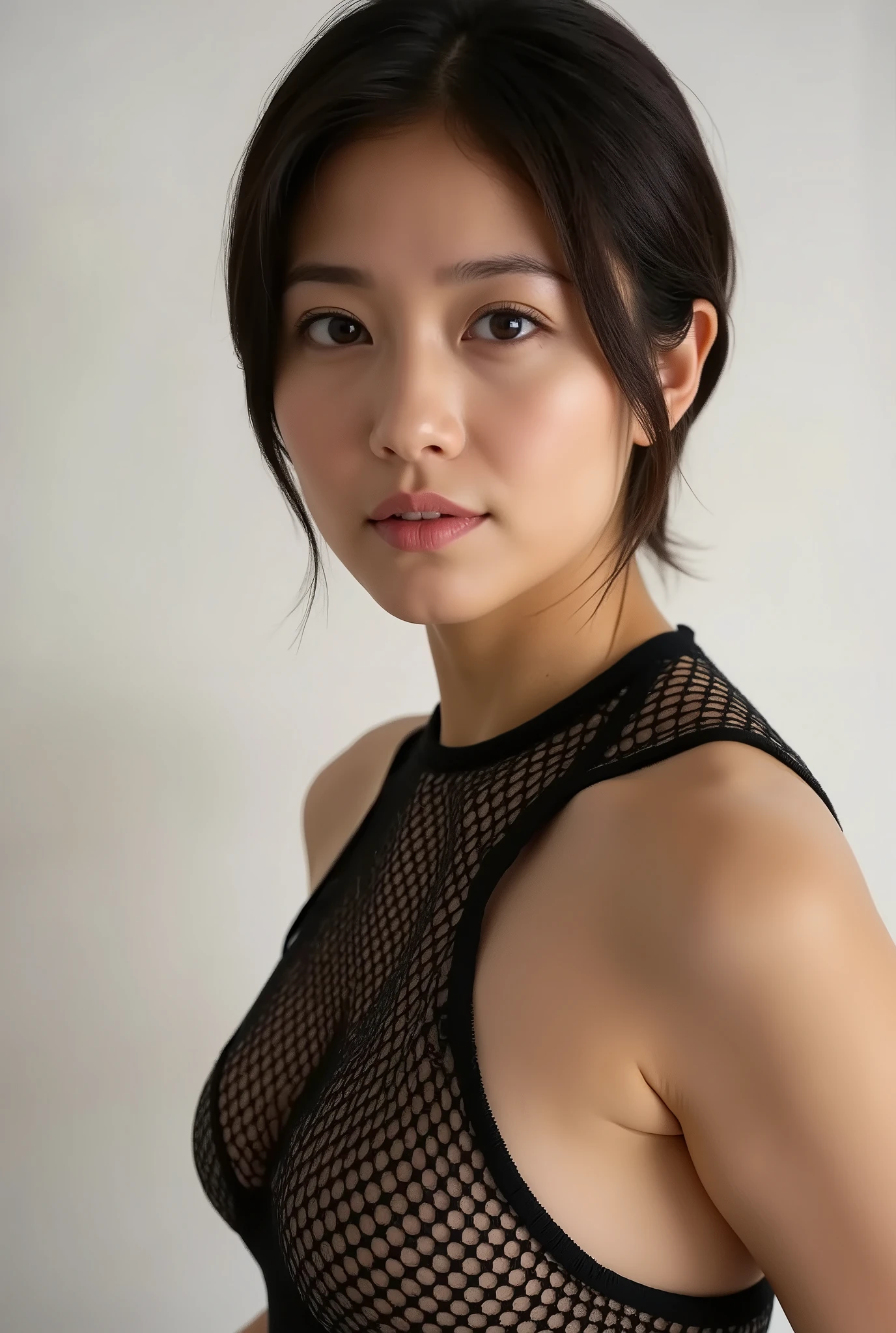 Beautiful woman with short hair in an overwhelmingly beautiful fishnet tank top、active pose、T-back