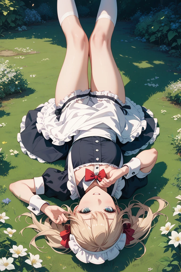 Colorful one-piece skirt, beautiful girl, nap, grassland, bad sleeping posture, legs spread