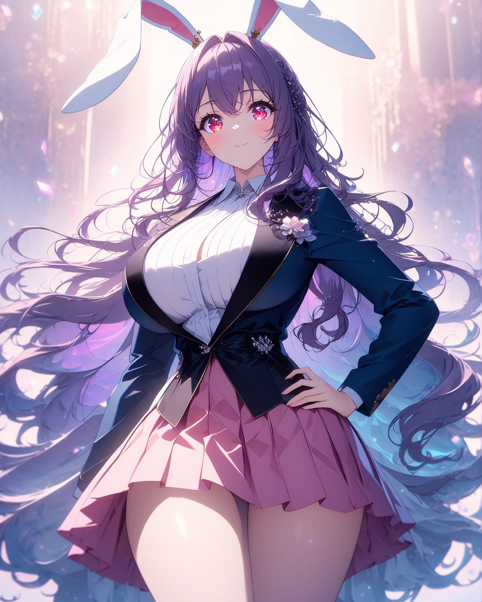 score_9,  score_8_up, score_7_up, score_6_up, source_anime, best quality, masterpiece, High Resolution, more details, 8k, 4K, hi res 8k wallpaper, top-quality, Top image quality, ultra-detailed, [  PASTEL Color ] [ Anime Screen Cap ]
(shape:0.8),( beautiful and elegant :1.6), detailed face , (PERFECT hand,parfect Anatomy),

cowboy shot, simple_background, leaning forward
large breasts, big breasts, gigantic breasts, big thighs, wide hips, narrow waist, curvy,  voluptuous , curvaceous
Curly hair, voluminous hair, purple_hair, long hair,
eyesHD, high gradient eyes, detailed eyes, high definition eyes, red eyes, half-closed eyes, shiny eyes
Reisen_udongein_inaba, 1girl, solo, looking_at_viewer, rabbit ears, smile, closed mouth, hand_on_own_hip
white_shirt, red_necktie, (mini skirt, pink skirt, pleated skirt, blue jacket, collared shirt, open blazer, open jacket)
