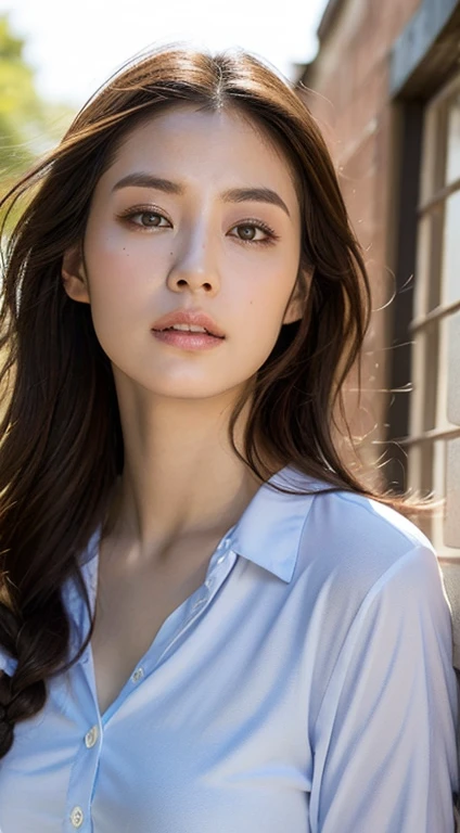 masterpiece, Highest quality, Realistic, RAW Photos, One person, Long Hair, Mid-chest, Blouse with collar, A light smile, Detailed skin, pore, Simple Background