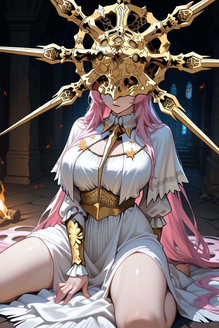 Medusa, hair composed of pink snakes, reddish white eyes, ultra-detailed sea surface, skulls in the reflection of her eyes, background of white stone statues of muscular and mature men, expression of anger and hatred, symbol of the feminine in the center, well-structured female body, golden jewels all over her body