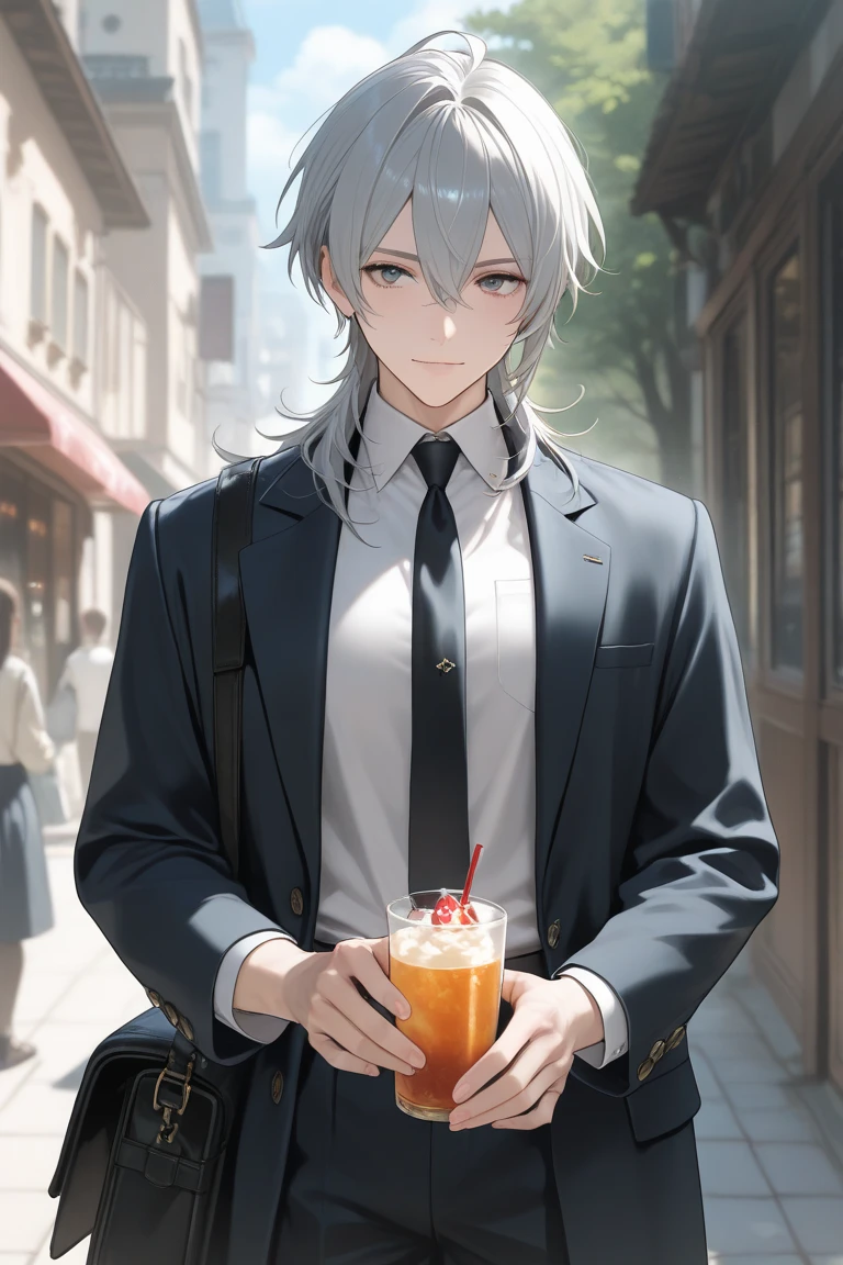 Photo of a handsome Asian man, sitting alone, White hair, red eye, is drinking avocado juice, bar table, wear casual outfits, fine quality, Good, photos taken by professional photographers