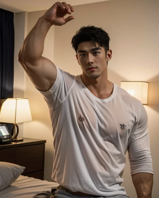((best quality)), (detailed), perfect face, HOMEM COREANO, SEM CAMISA, rosto bonito, PEITO MUSCULAR, volume na cueca, protuberance, grande, futurista, Corpo magro, rouco, magro, big nice protuberance, lindo ator coreano, poses sensuais, sensual