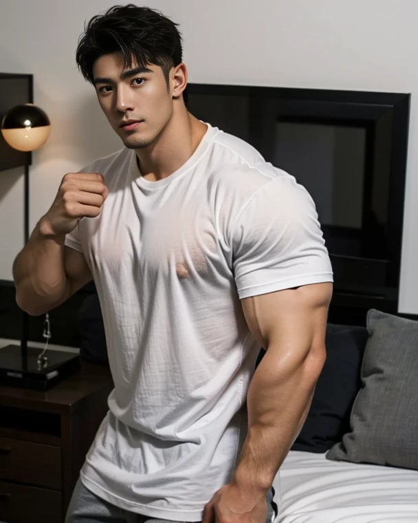 wavy bangs hair, thai boy,22 age,at condo, (very lean Ripped muscle:1.2)