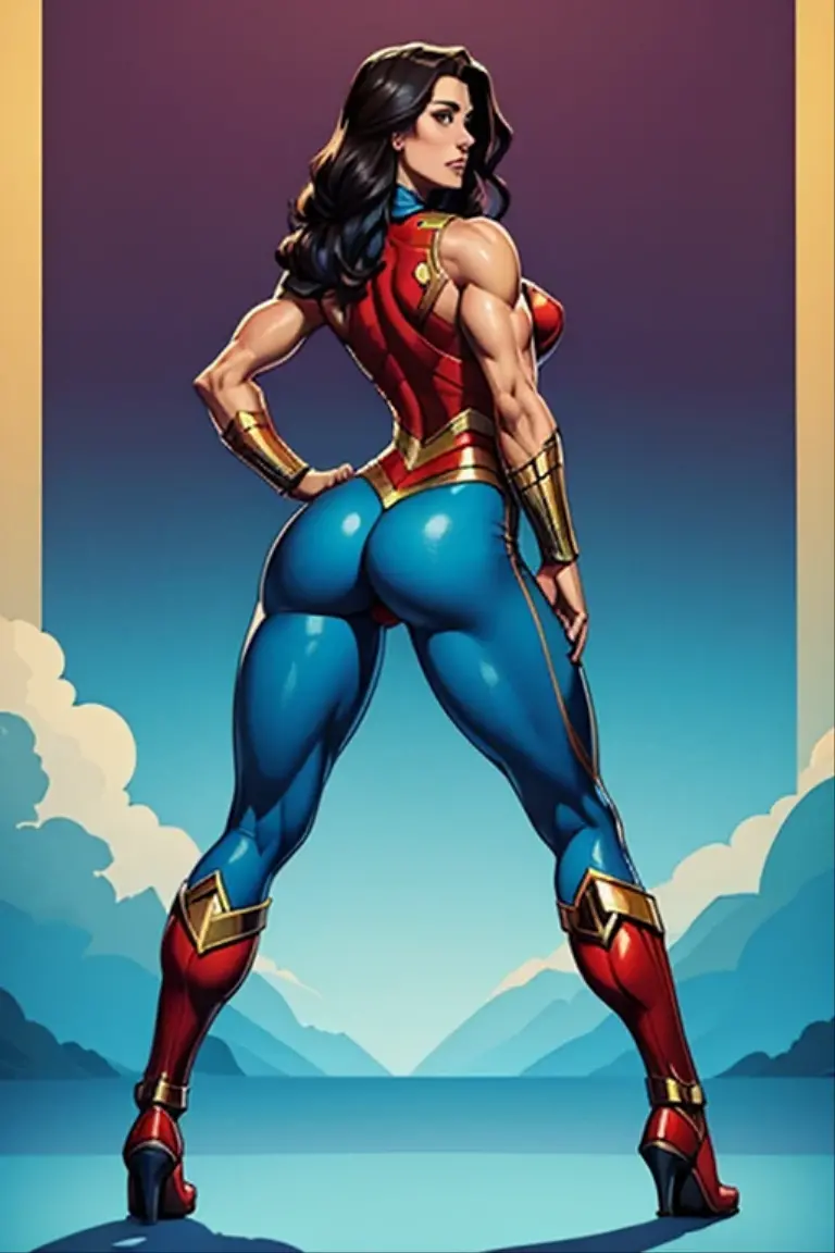 Wonder woman sexy bikini rear view looking towards camera seductive look . in the background the city