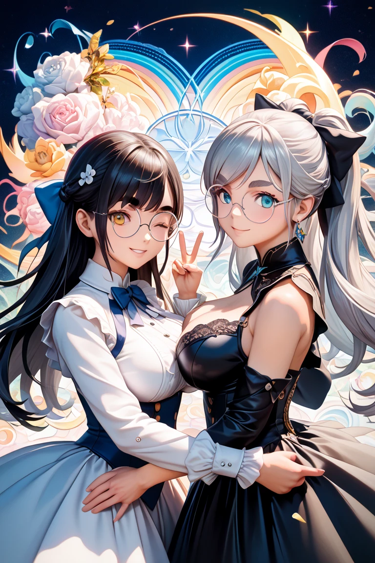 (64k, RAW photo, highres, best quality, masterpiece:2.0), (ultra-fine depiction of the detail:2.0), (realistic, beautiful, photo-realistic:1.3), 2girls, sisters in law, (yuri alpha), (long black hair, slightly messy), (slightly messy diagonal bangs:1.0), (single braid bun, double bun), (shiny black hair, blue-gray eyes), (cool glasses), (gothic style vivid blue choker), (blue bowtie and ribbon), (simple but high-quality maid dress), (elaborately designed, vivid dark emerald green, spiked gantlets), (solemn maid dress with gothic style coreset), (huge breasts, sexy cleavage), (elegant and handsome woman), (shiny skin, pink lips), (looking at the viewer), (closed mouth, a faint smile), (a caring, gentle gaze towards the viewer:1.2), (at a quiet bar counter, in the night, filled with solemn, mysterious atmosphere), (highly sophisticated professional HDR, with effective ambient occlusion, perfectly optimized effective spot light and front light:1.8), (perfect, natural, harmonious composition), (photo-realistic, ultra-detailed:1.5), ((portrait:3.0))
