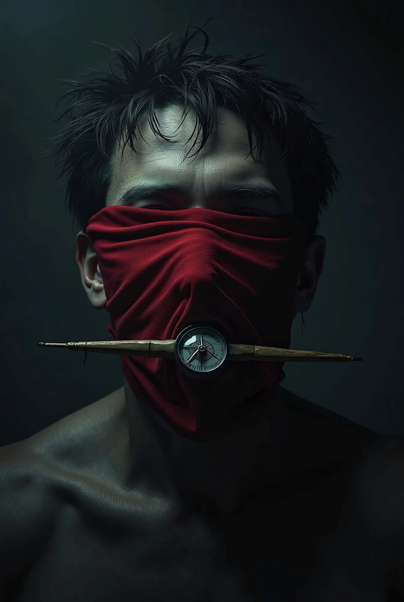 masterpiece,best quality,1boy,male focus,tongqian mask,Long hair,Messy hair,natural skin texture,realistic eye and face details,night,Film Light and Shadow,Taoist robe,(((Forest background))),Exquisite eyes,(((Red clothes))),Red Top,muscle,black,(((((Black tentacle))))),Solo,1boy,holding head,pain,Covered in tentacles,Holding a bell in hand,