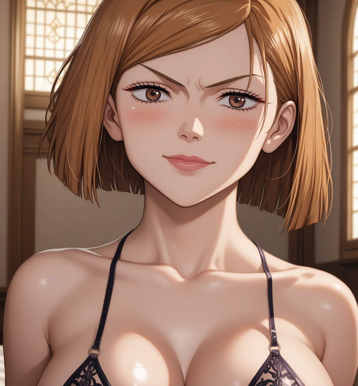 (masterpiece), (best quality), (ultra-detailed), (best illustration), (best shadow), (absurdres), nobarakugisakinova, short hair, orange hair, ((brown eyes)), kugisaki nobara, (bra), 1girl, solo, bangs, closed mouth, looking at viewer, upper body,