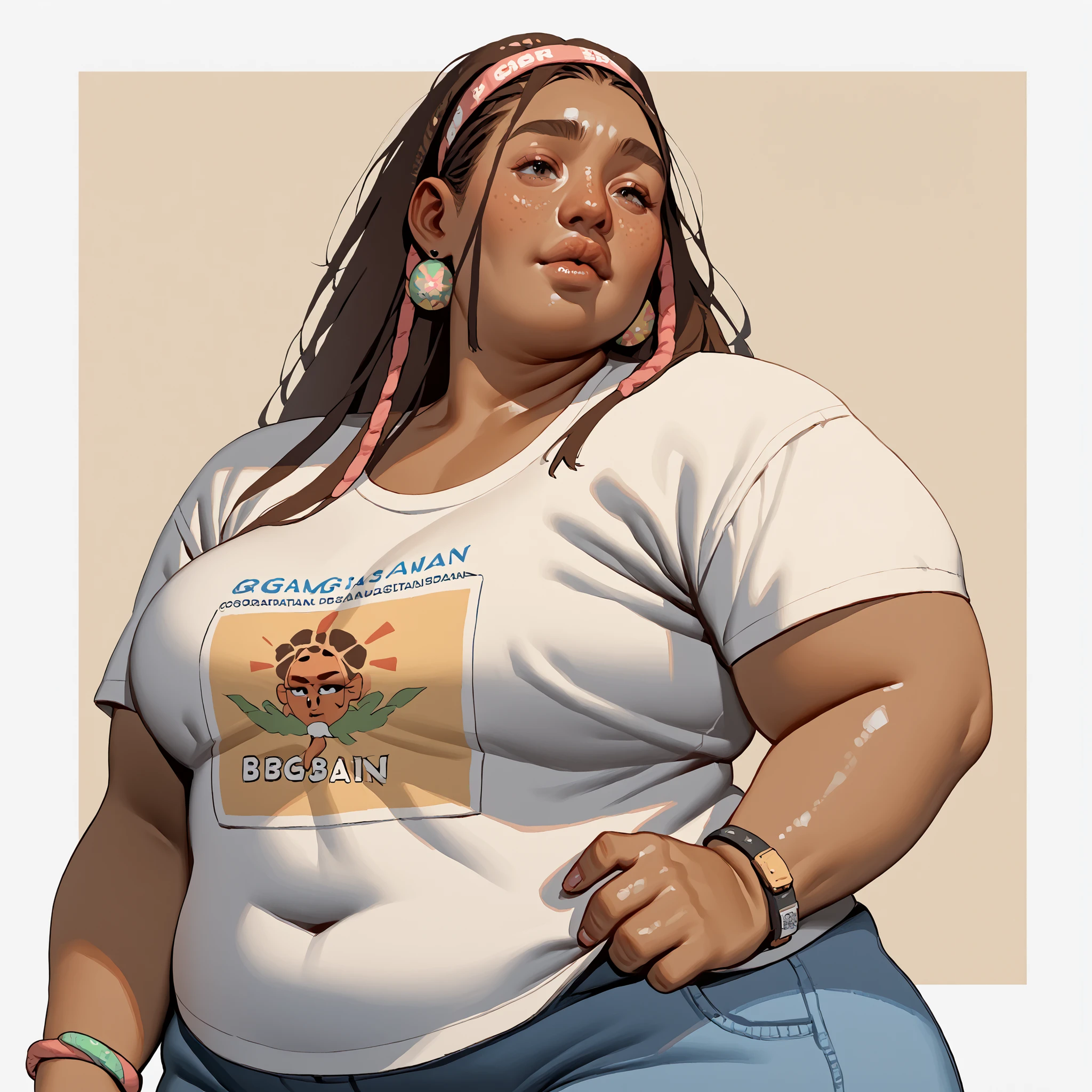 score_9, score_8_up, score_7_up, gorgous dark skin Jamaican bbw female in a band t-shirt. Long locs