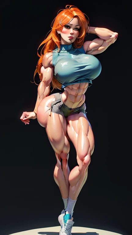 mimosa Vermillion, Women, Charm, defined body, big breasts, small waist, defined abdomen, thin arms, sexy arms, noodle arms, six pack, very high, huge butt, muscular legs, huge legs, wide legs, exaggeratedly muscular legs, long legs, barefoot, white monk clothes, Arms at the sides, Relaxed arms, bare arms, sexy legs, big breasts seductores, kicking in the air, in a mountain, many stones destroyed, alone, excessive sweat 