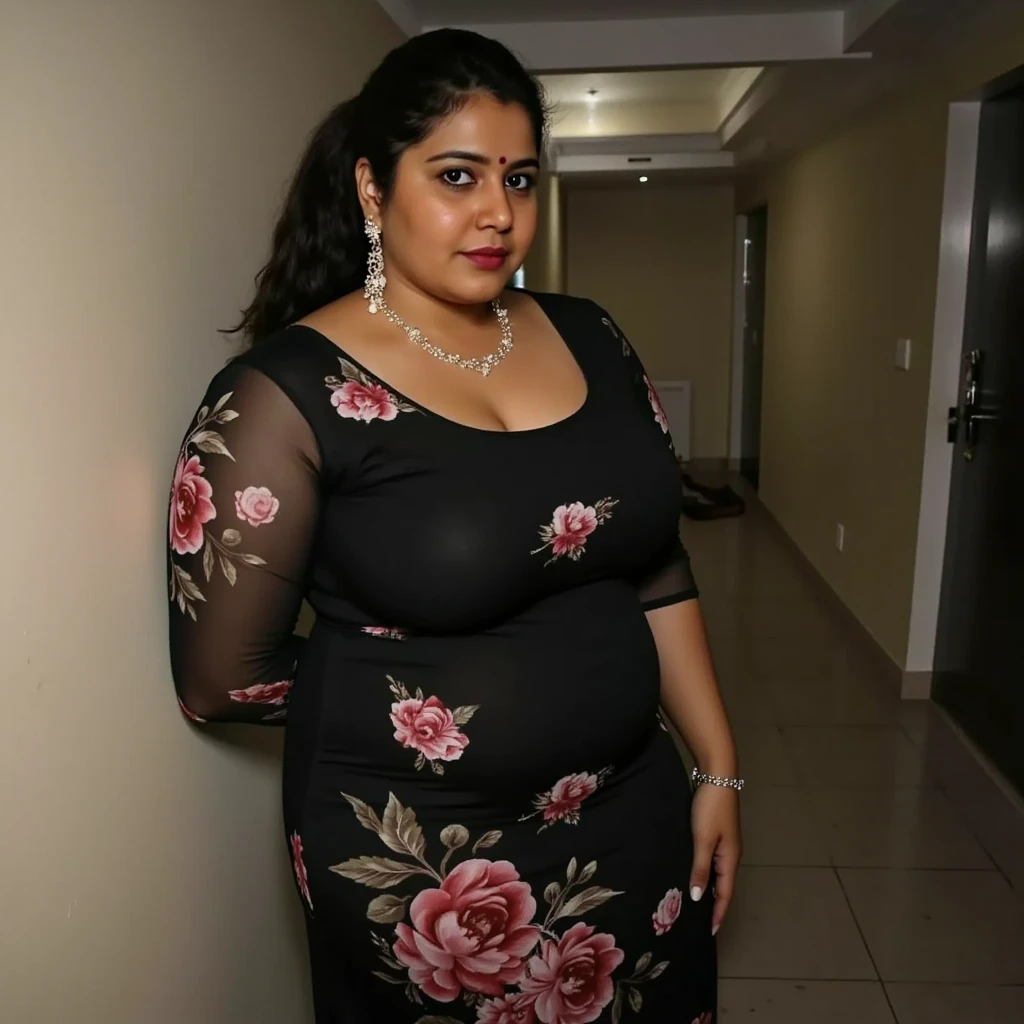portrait photo a indian mature chubby woman,look like kavya madhavan , topless, nude, fully nude, double chin, arm up ,light grown armpit hairs,short hair, light smile, looking at viewer, (solid dark grey background:1.3), eye level shoot, film grain, style by Flora Borsi