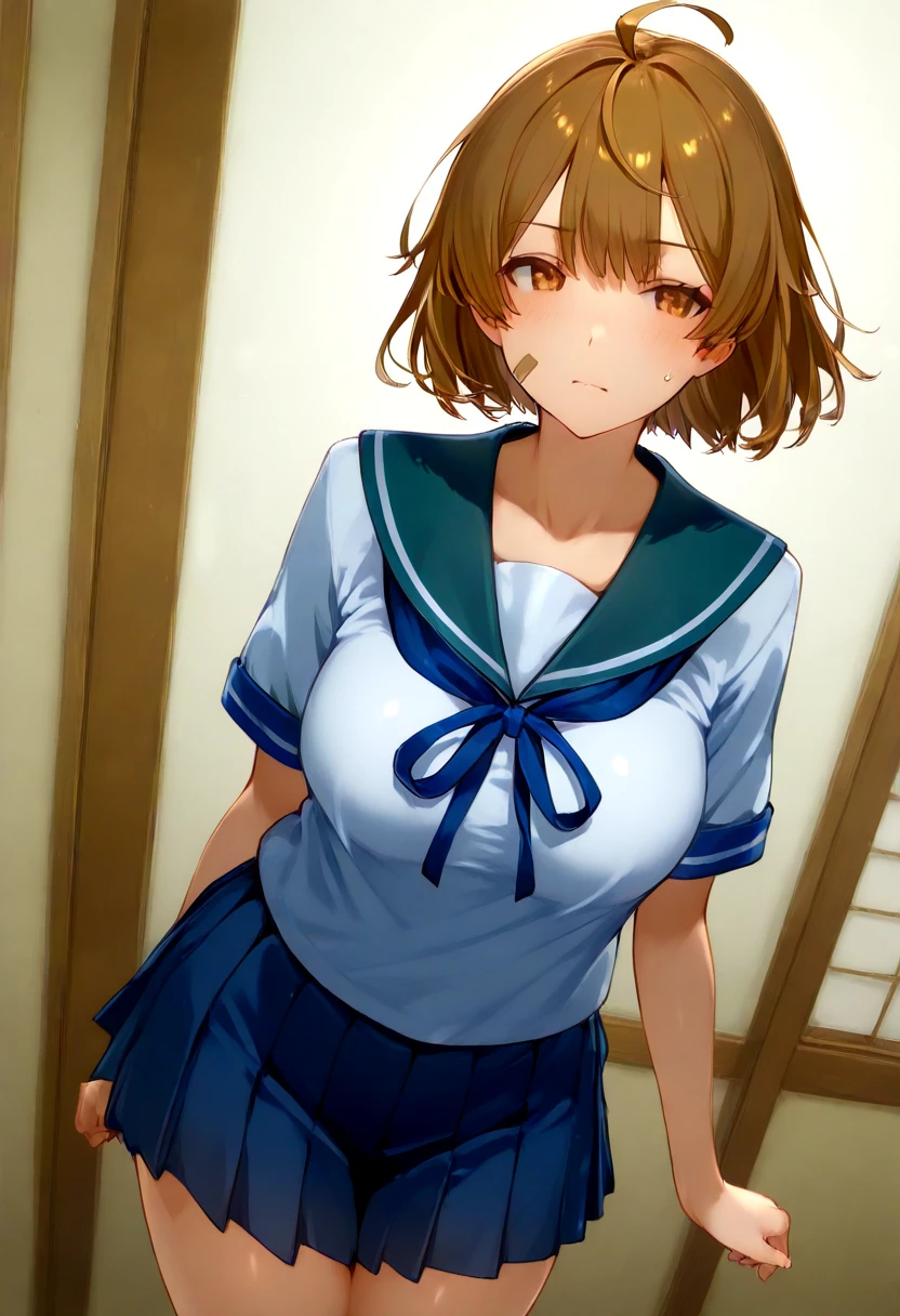 ((Masterpiece, best quality, high quality, highly detailed background)), ((wooden house:1.3, on the bed, (indoor), village, blue sky:1.3)), ((Nausicaa, mature female, (school swimwear:1.3), large breasts:1.3, nipples), ((reverse cowgirl position, straddling, facing the viewer, 1boy, 1girl, sex, penis, (motion lines), pov)), ((irritated, closed mouth, looking at viewer))