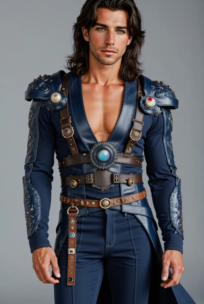 (masterpiece), beautiful body, model, detailed face, detailed skin, front, unzoom, hyper-detailed painting, luminism, complex, Artgerm, silverjow, magic boy, Naoko Takeuchi, full outfit, leather pants, studded fashion harness belt, assassins creed, pedro pascal face, full body, jump