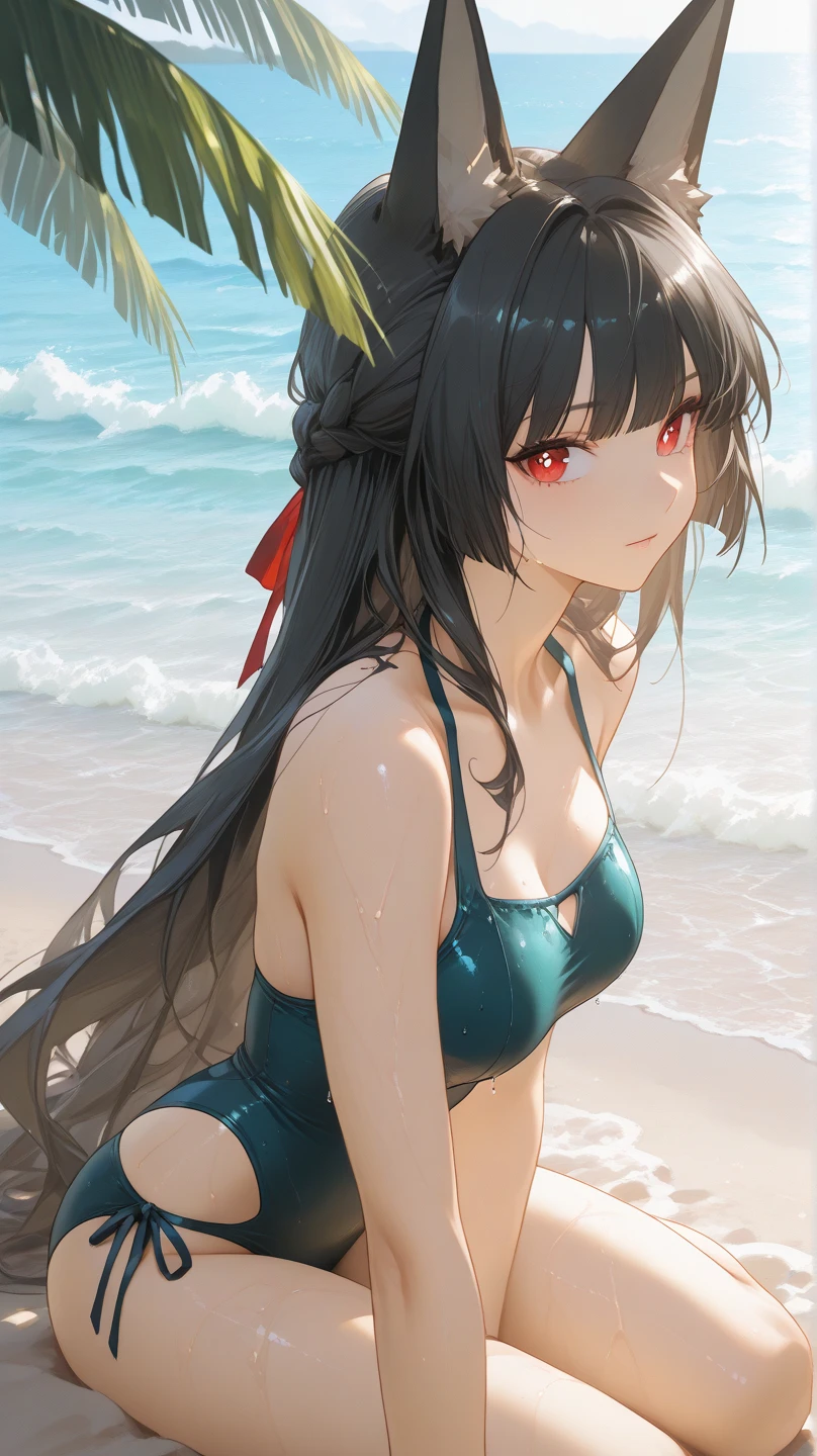 (masterpiece, best quality), 1girl, solo, (red streaked hair), (blue hair), green eyes, slim, large breasts, long hair, sexy, bikini, beach, stretching