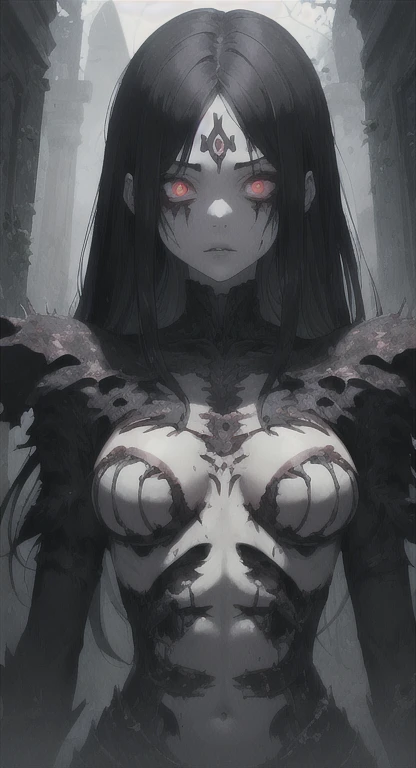 A anime gril with light white dress. She dressed by a top and pants. Her hair is long black and one line is white. Her eyes are big. She has teened face. She has fatty shaped body. A holy cross black tattoo on her chest. She has large boobs. Behind her there a few demons looking at her. That demons have red eyes. The girl not scared because she is the leader. There are few tattoos on her. She has a bow, there are highlight red lines on bow. There is shining ring above her head it concluded some arabic fonts.