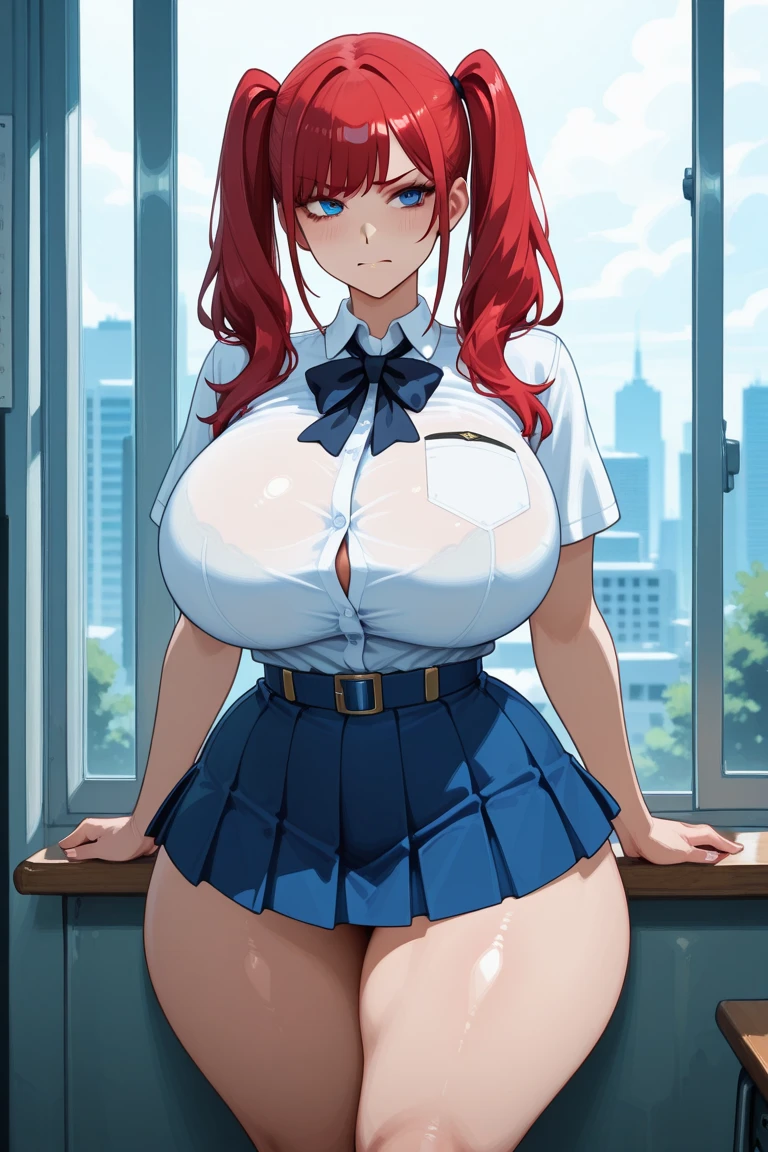 (high quelity), Boudica (fate), JK, long red hair, hair reaching ass, red plated microskirt, white blouse, open blouse, cleavage, high heels, mischievous smile, light blush, looking at viewer, huge breasts, precise hands, sexy pose, detailed office in the background