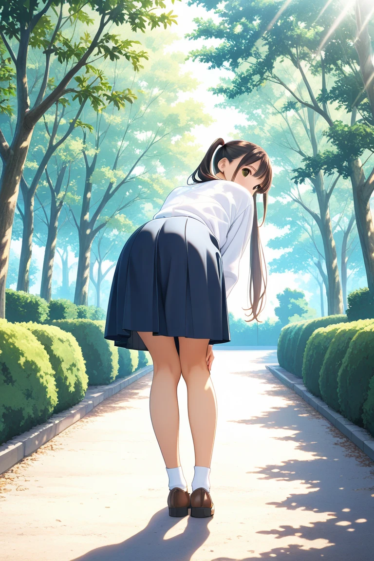 Highest quality,masterpiece,8k,One person,((change,Big Breasts,Girl:1.3)),((orgasm,blush,:1.3)),((Long Hair,Low twin tails)),Hair Ribbon,Sweat,Mizuki Shiranui,((school uniform,White shirt,Black Skirt,mini skirt,Lift up your skirt,Under the skirt,Black panties,Lace panties)),Black knee socks,forest,forest林,((((walk)))),((From behind:1.1))