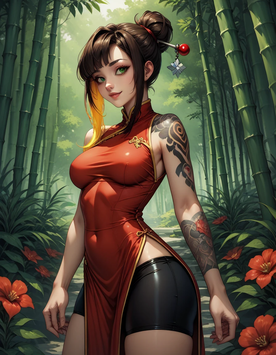 (Artwork of exceptional craftsmanship),(Detailed illustrations,(Art based on a very ideal anatomy),Very detailed and detailed drawing,Delicate lines with slow and rapid,(Realistic texture expression)),[Color tressed main line],[flower garden background],HENTAI ANIME KAWAII (Chinese Girl ([short stature] Slim body) 12year old) [chignon],((peach blossom) hair adornments) ((Yellow Kung Fu Jacket) [Ren Hao (frilld) bow ribbon]),[[tattooed] [dragon]],[gravure [Colorful]] [Kungfu [dynamicpose]],[highcontrast:0.8],(Perfectly proportioned),(Fine and beautiful skin expression [realistic skin detail]),(Design built to the highest level,[Advanced structural understanding of materials],Ideal color coordination),(Intricate and beautiful decoration (Dense detail)),(More on shiny hair),[Perfect hand details],(Beautiful perfect face [Realistic face details]),[Clear gaze],[long and beautiful eyelashes],[Perfect eye details (Eyes beautifully drawn down to the smallest detail)],(detaileds,high-detail),((Precision Detail),[multi-layer texture],HighQuality,hight resolution),[(Accurate simulation of light-material interactions),Understanding Airflow,Mechanically correct representation],[Visual art that conveys a sense of narrative] [Full body like],[[Desaturation]].