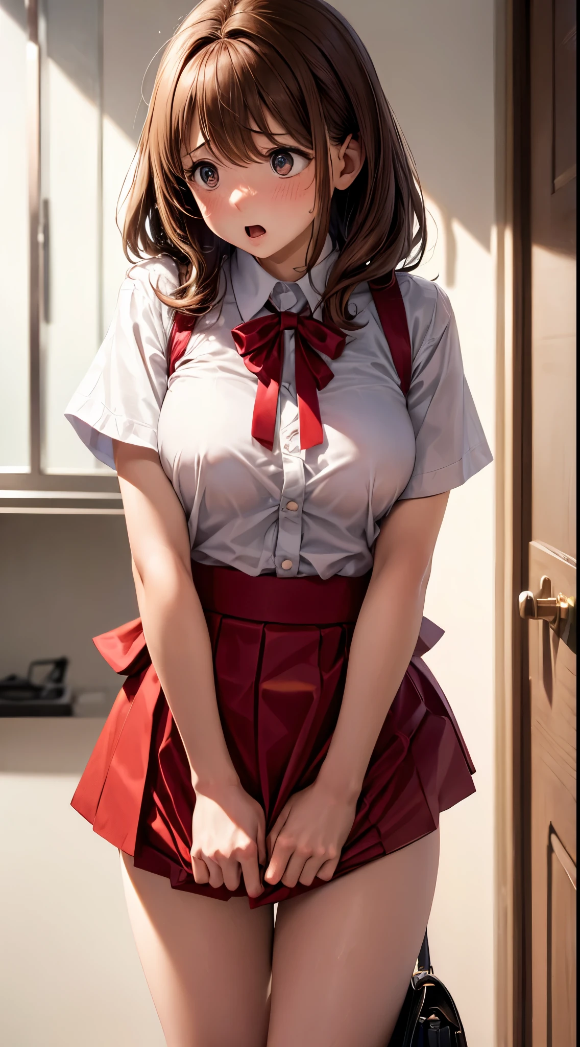 (((professional: Step by step, taking into account even the smallest detail, God-level final result))):, full body, (spider-man suit), nsfw, 8K RAW photo, , random view, best quality, masterpiece, ultra-high-resolution, movie grain, filmg, 1girl, looking at viewer, natural skin texture, realistic details of eyes and face, full lips, lipstick, (makeup), red eye shadow, short fluffy hair, messy hair, smile, closed mouth, beautiful legs, tall woman, skinny, slim_legs, alone, huge chest, cleavage , (pose with buttocks in front of you), ((ultra short skirt)), shirt, beautiful nature location, around flower location, (detailed background), plaid skirt, white shirt, huge chest, cleavage, Show a small cleavage through the shirt, loafers, blurred background, blurred, holding, plaid, short sleeves, jk ribbon on the neck, jk ribbon, brown-hair, bracelet, water, bangs, , jewelry, parted lips, lips, from the side, pleated skirt, depth of field, rear side solar lighting, canon eos 50mm camera