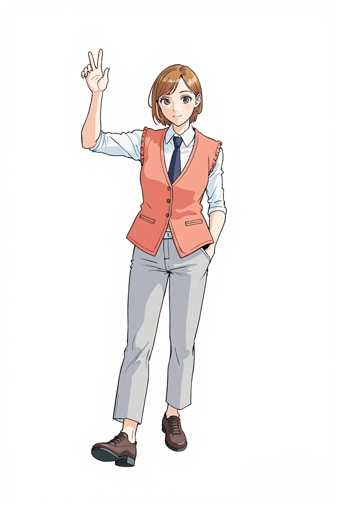 Pretty Girl, beautiful minimalist clothing, THIN GIRL, brown hair, good anatomy ,cute bangs, comfortable clothing, manga anime, High Quality, elegant jacket , pastel colors , winter outfit, aesthetic , smile, clothes casual ,high resolution, Girl shoes detail, slightly elegant