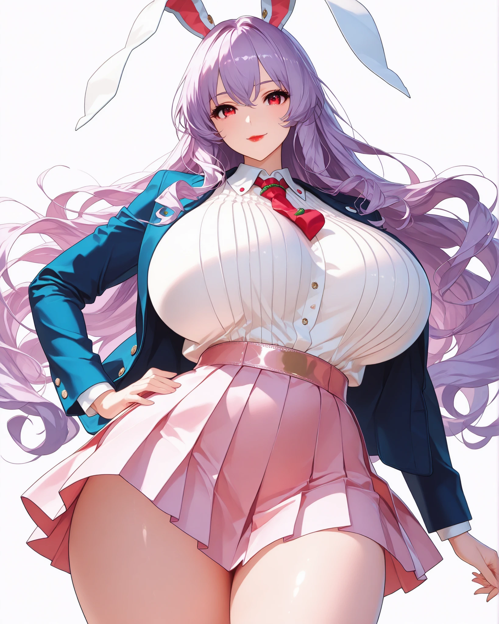 score_9,  score_8_up, score_7_up, score_6_up, source_anime, best quality, masterpiece, High Resolution, more details, 8k, 4K, hi res 8k wallpaper, top-quality, Top image quality, ultra-detailed, [  PASTEL Color ] [ Anime Screen Cap ]
(shape:0.8),( beautiful and elegant :1.6), detailed face , (PERFECT hand,parfect Anatomy),

cowboy shot, simple_background, leaning back
large breasts, big breasts, gigantic breasts, big thighs, wide hips, narrow waist, curvy,  voluptuous , curvaceous
Curly hair, voluminous hair, purple_hair, long hair,
eyesHD, high gradient eyes, detailed eyes, high definition eyes, red eyes,
Reisen_udongein_inaba, 1girl, solo, looking_at_viewer, rabbit ears, red lips, smile, closed mouth, hand_on_own_hip
white_shirt, red_necktie, (mini skirt, pink skirt, pleated skirt, blue jacket, collared shirt, open blazer, open jacket)
