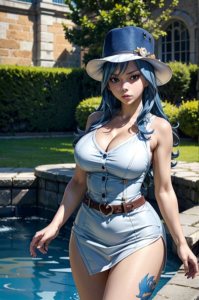 charlotte_amande, long neck, blue dress, sun hat, choker, masterpiece, best quality, extreme detail, 8k, image sharpness, <lora:Sett_Charlotte_AmandeV2:0.9>
