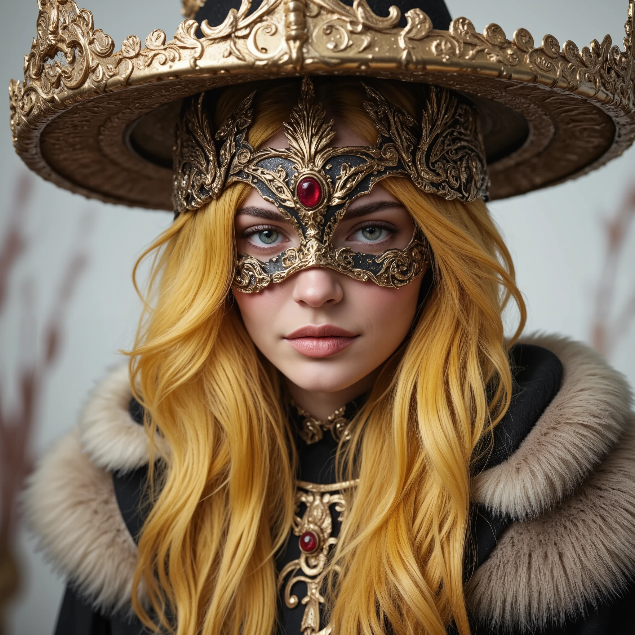 Young woman with yellow hair in a fluffy outfit and a fluffy hat, fantasy character art, Amazing character art, epic fantasy character art, hd fantasy art, an epic exquisite artistic depiction of the character, dressed in an intricate mask around her face, Fantasy Woman , Epic fantasy digital art, fantasy character, digital fantasy art ), fantasy art decoration, detailed fantasy art , High quality fantasy art, Fantasy outfit